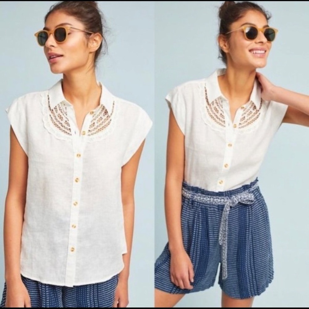 ⭐️ 2 for $25 • Anthropologie ||‎ Maeve White Linen Camp Top XS